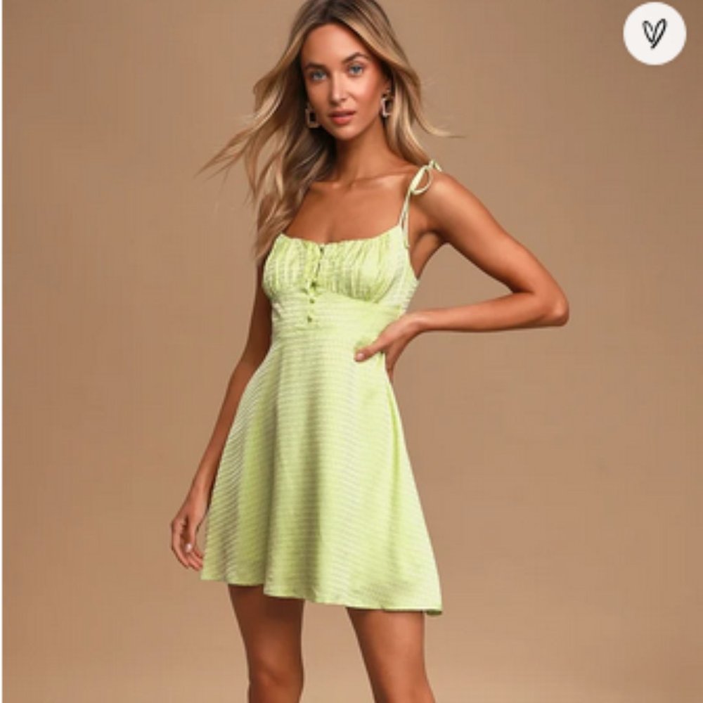 Mon Cheri Light Green Satin Jacquard Tie-Strap Mini Dress